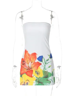 Floral Print Sleeveless Mini Dress Y2K New Streetwear Fashion Casual Strapless Backless Slim Beach Holiday Dresses