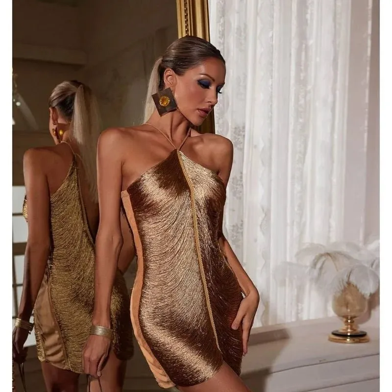 Fringe Halter-Neck Mini Dress Elegant Cut-Out Short Fashion Patchwork Asymmetric Tassel Dress