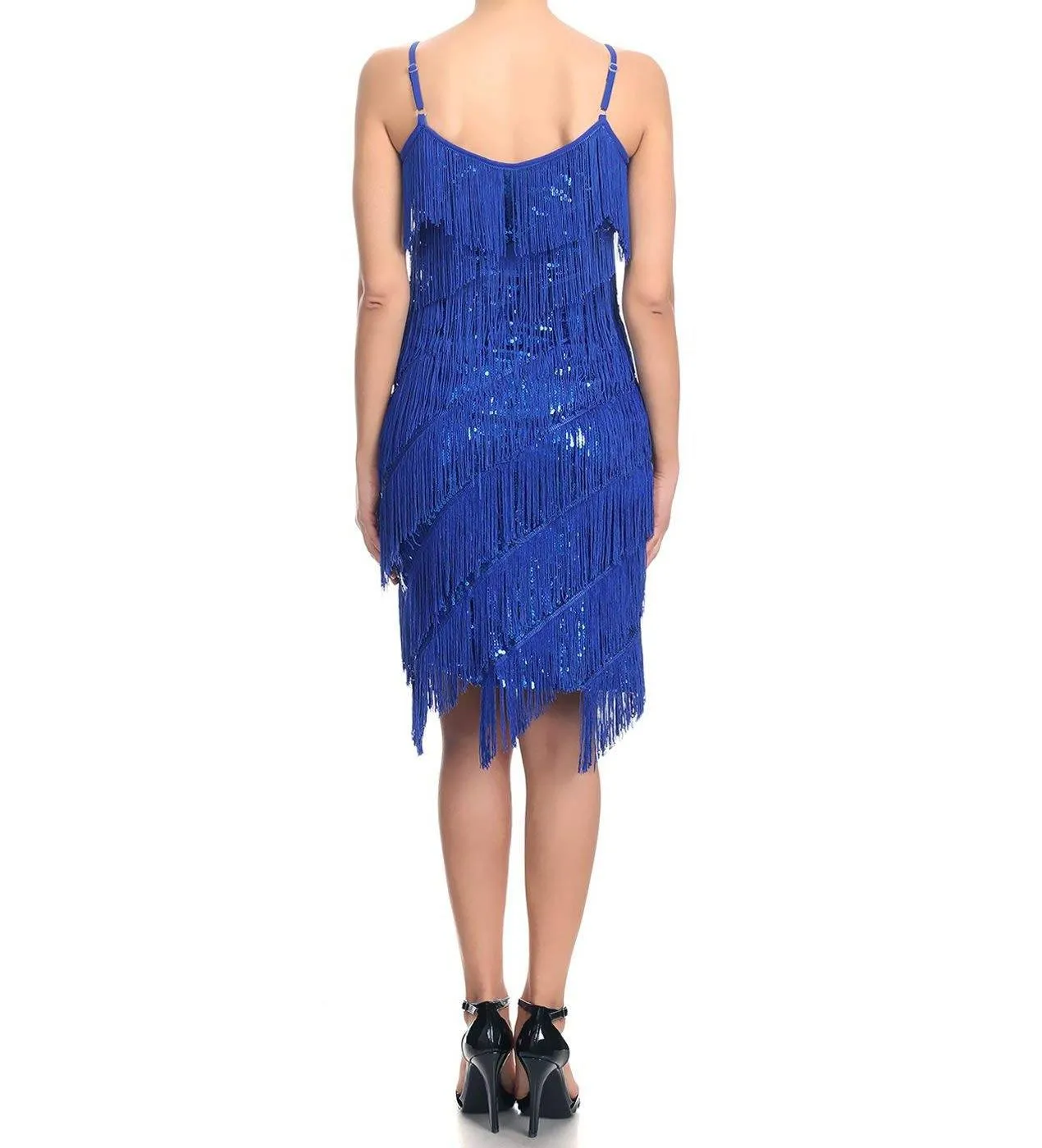 Fringe Sequin Strap Backless 1920s Flapper Mini Dress Blue