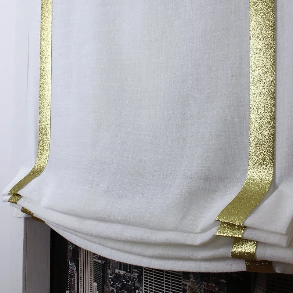 Glitter Gold Border Off-White Linen Relaxed Roman Shade