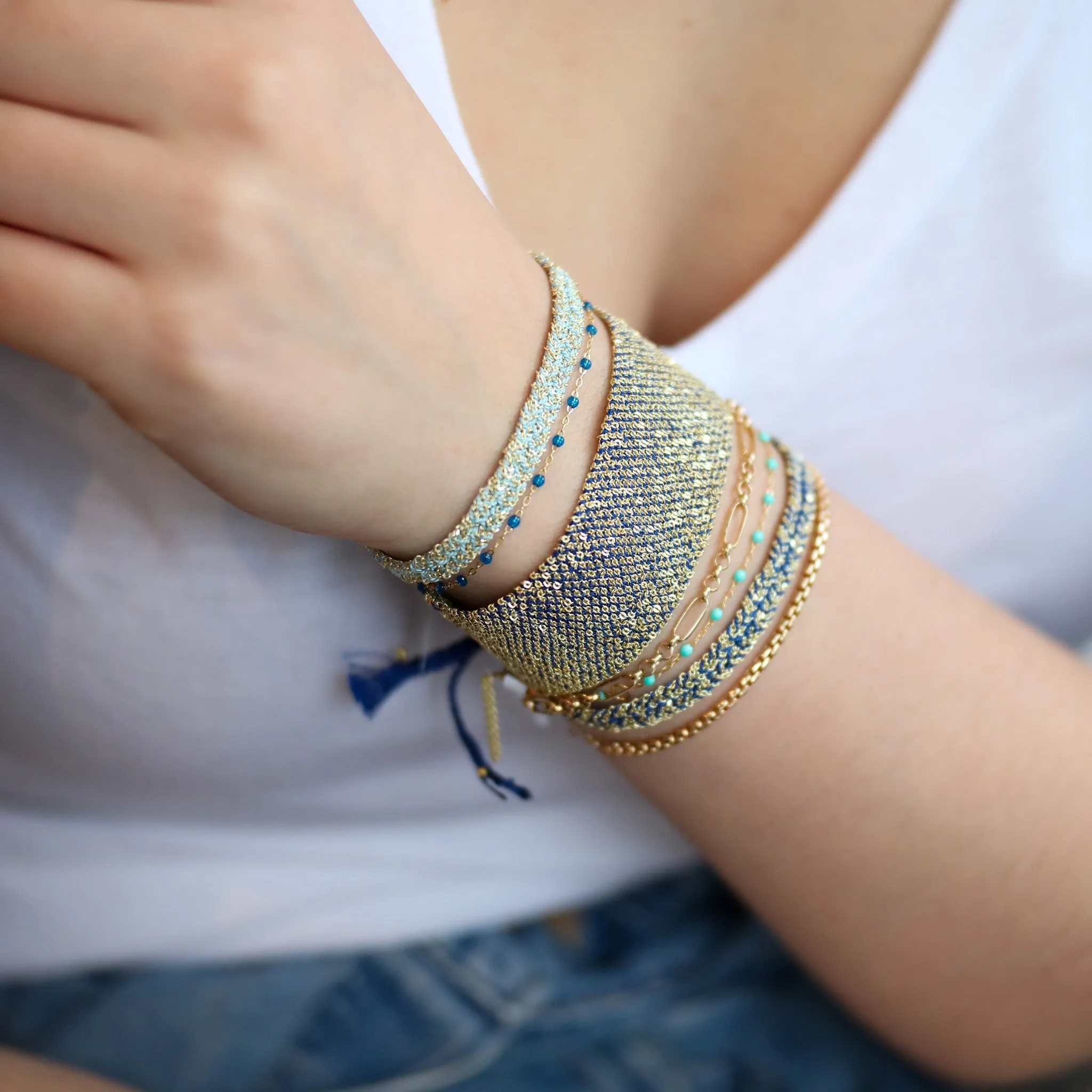 Gold Vermeil Chain and Navy Silk Woven Bracelet