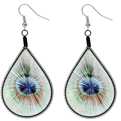 Green Blue Woven Teardrop Peacock Earrings