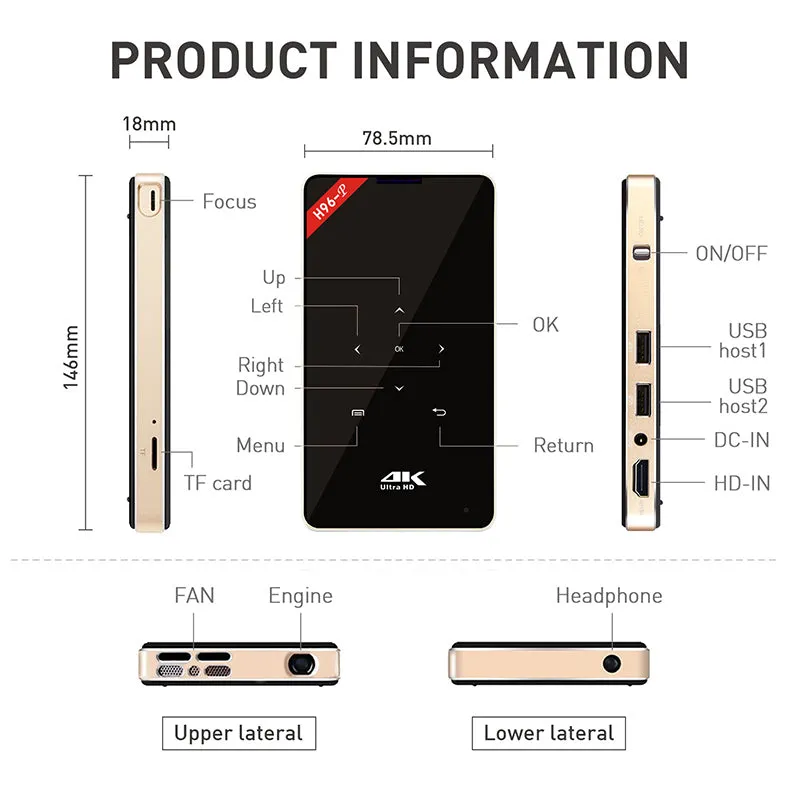 H96-P DLP Mini Projector-100 Lumen, Android 6.0, 2GRAM 16G ROM, Dual band wifi, Bluetooth