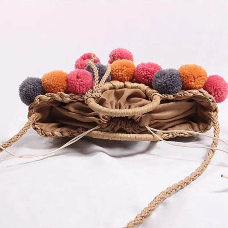 Hand Woven Hollow Straw Color Balls Bag