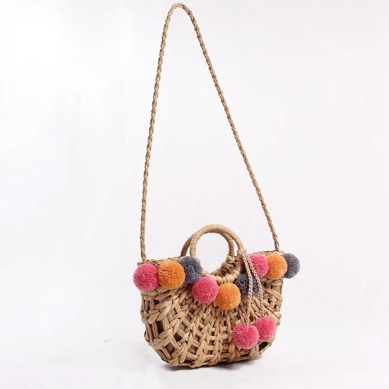 Hand Woven Hollow Straw Color Balls Bag