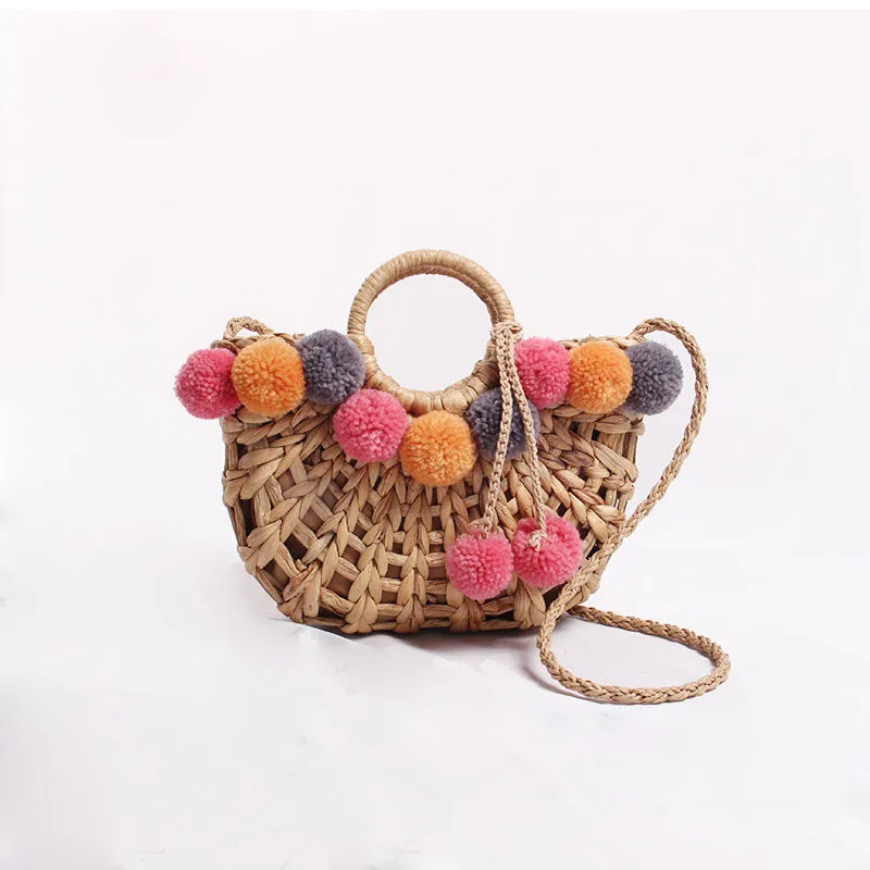 Hand Woven Hollow Straw Color Balls Bag