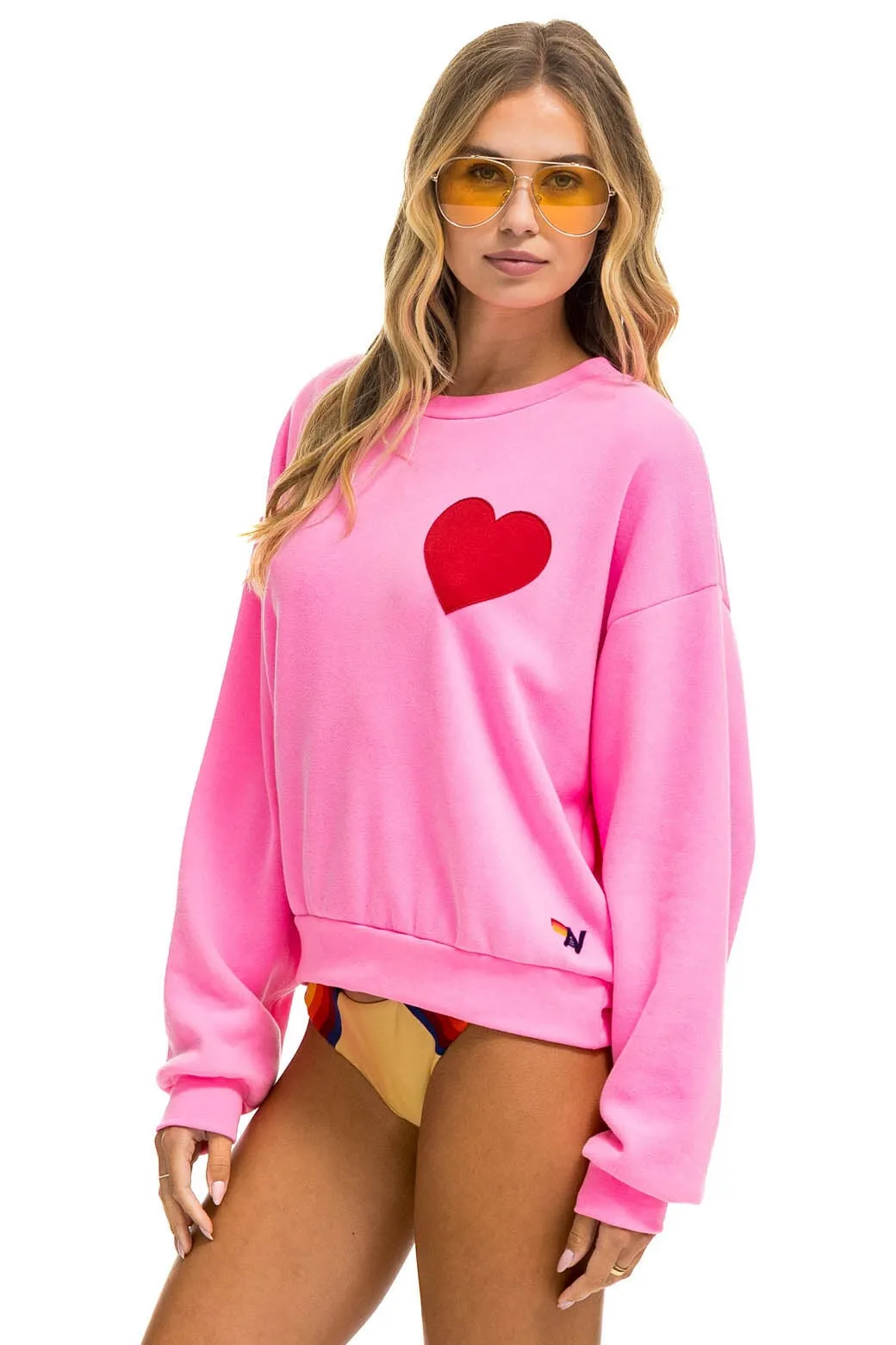HEART STITCH RELAXED CREW SWEATSHIRT - NEON PINK