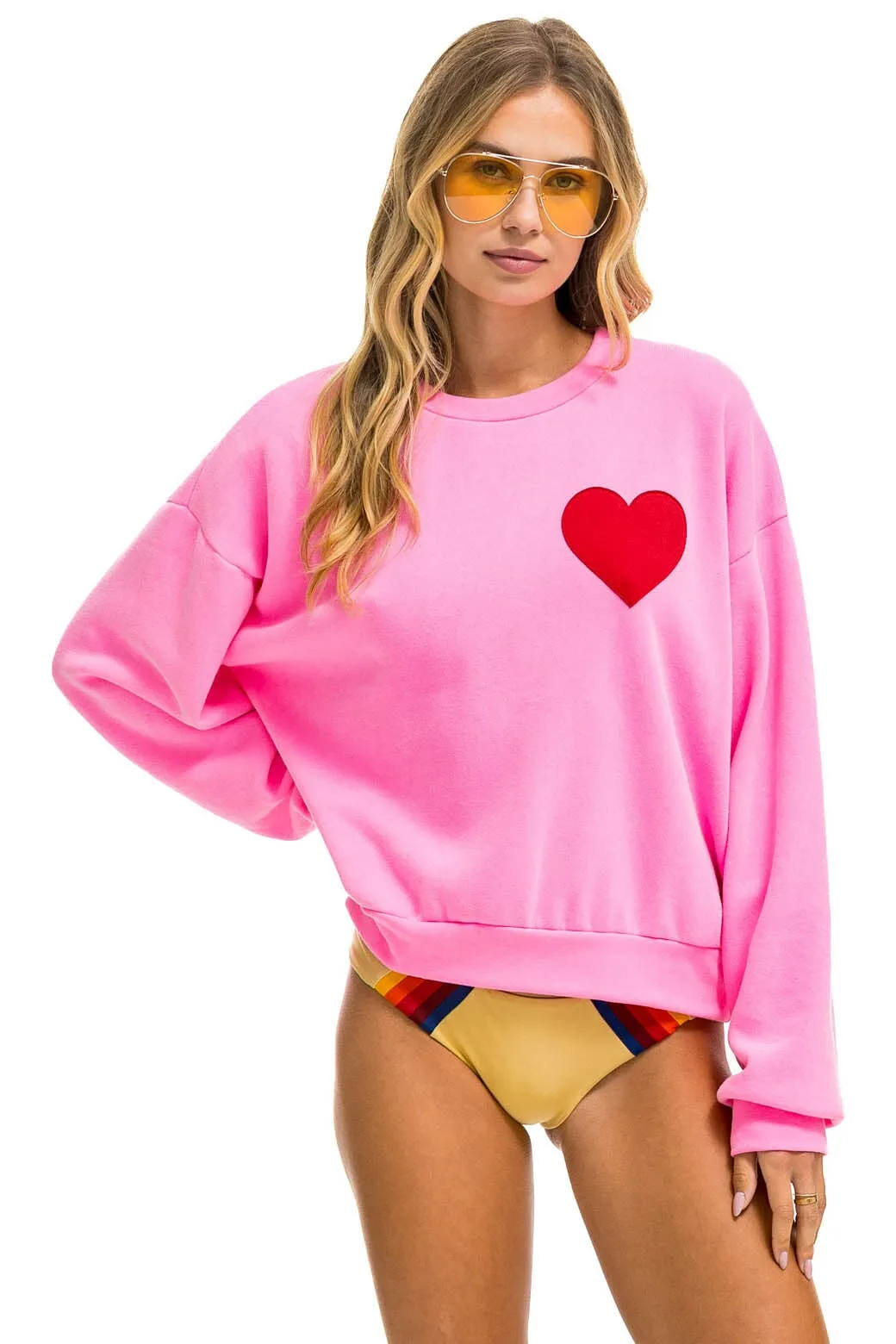 HEART STITCH RELAXED CREW SWEATSHIRT - NEON PINK