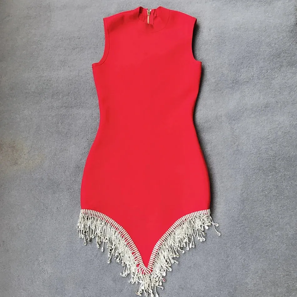 High Quality Mini Dress Women's Sexy Sleeveless O-Neck Diamond Tassel Bandage Mini Dress Bodycon Club Party Dress