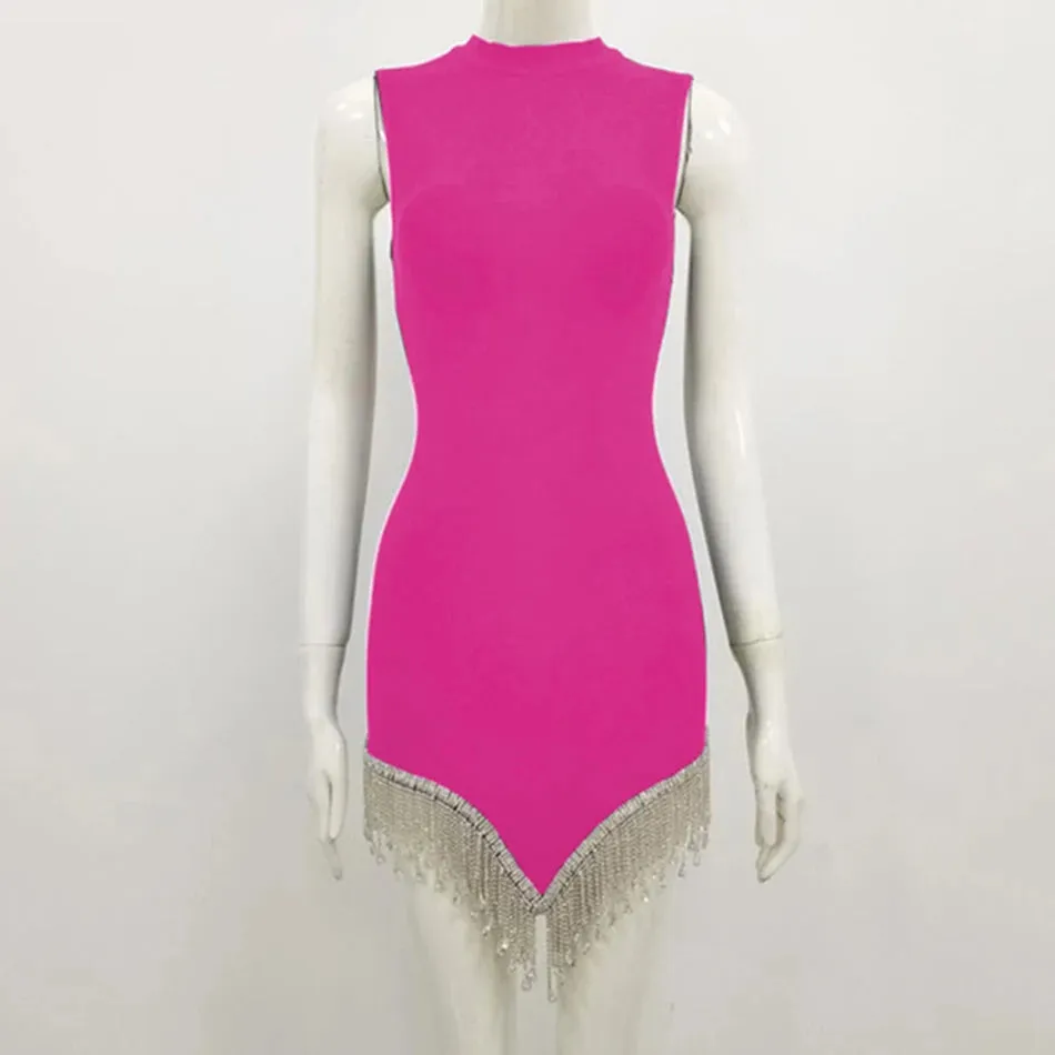 High Quality Mini Dress Women's Sexy Sleeveless O-Neck Diamond Tassel Bandage Mini Dress Bodycon Club Party Dress