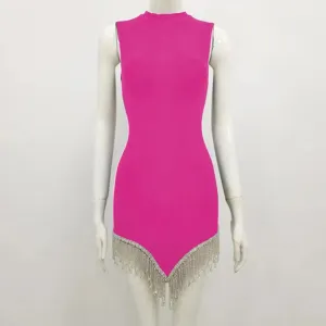 High Quality Mini Dress Women's Sexy Sleeveless O-Neck Diamond Tassel Bandage Mini Dress Bodycon Club Party Dress