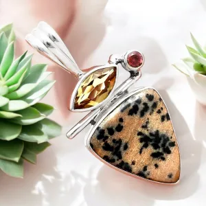 Honey Dendritic Opal, Citrine & Garnet Solid 925 Sterling Silver Pendant