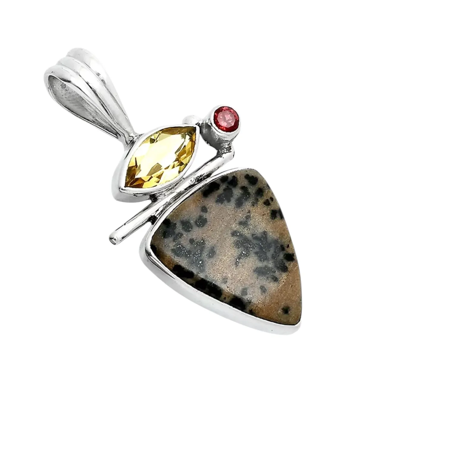 Honey Dendritic Opal, Citrine & Garnet Solid 925 Sterling Silver Pendant