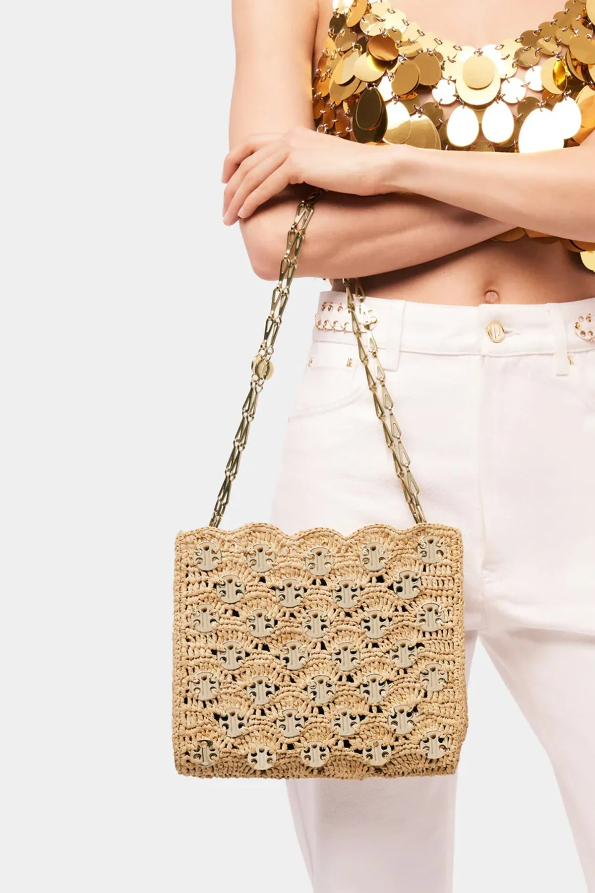 Iconic 1969 Raffia Wave Bag in Natural/ Light Gold
