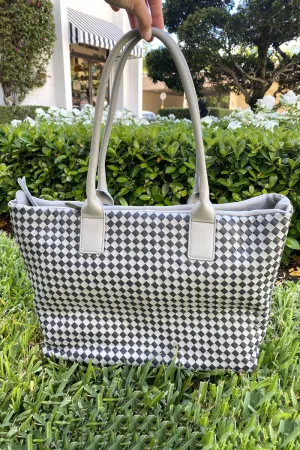 Italian Leather Woven Tote Bag in Pearl Grey