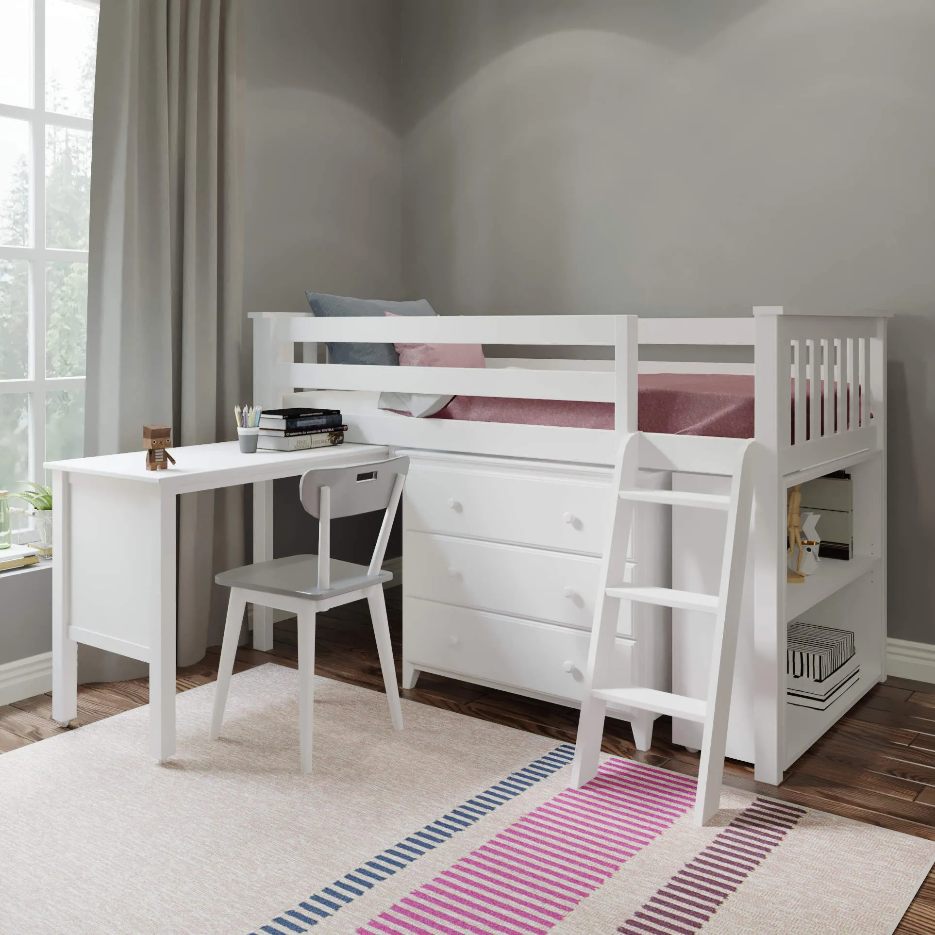 Jackpot Deluxe Windsor Twin Storage Loft Bed with Dresser   Bookcase   Desk
