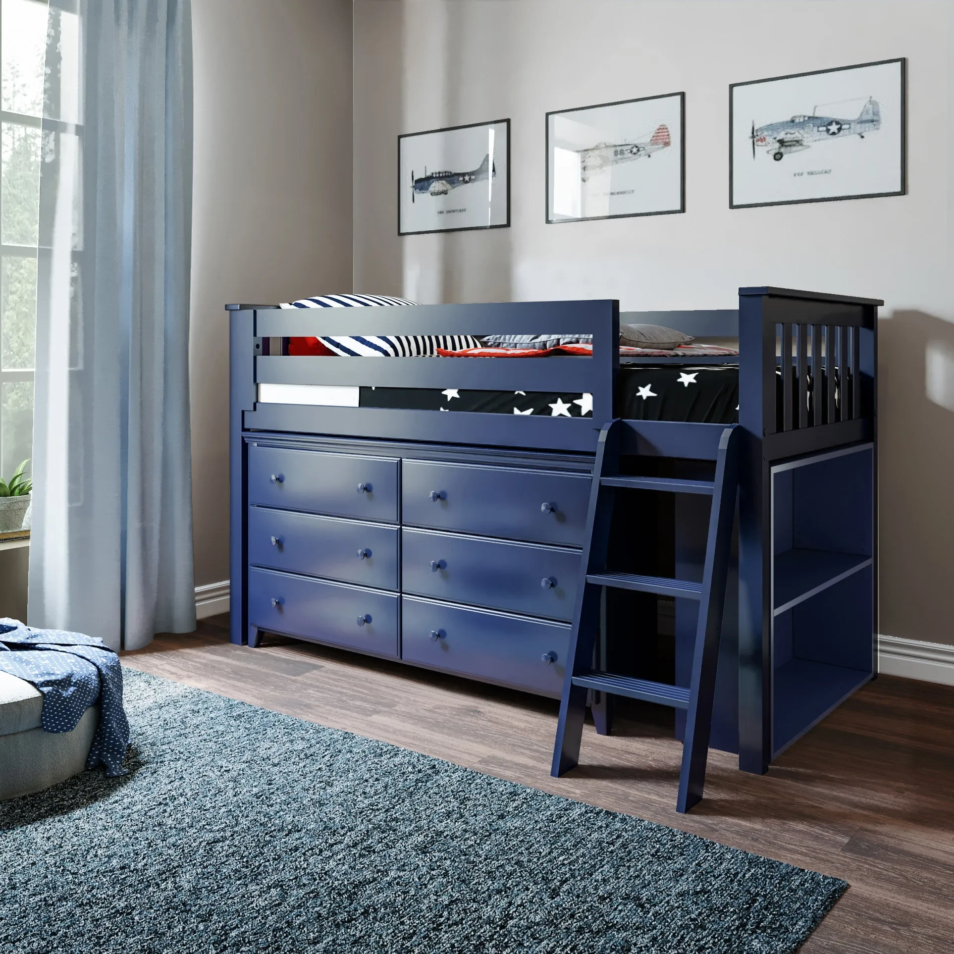 Jackpot Deluxe Windsor Twin Storage Loft Bed with Dresser   Bookcase