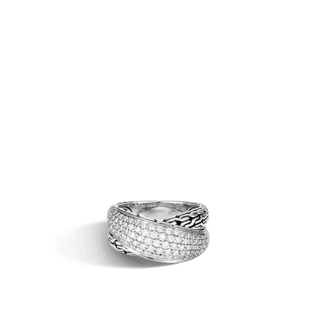 John Hardy Silver and Diamond Classic Chain Overlap Ring