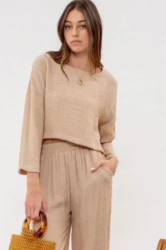 Khaki Relaxed L/S Crinkle Crop