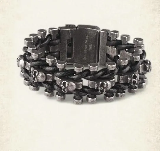 Leather Woven Stainless Steel Skull Bracelet
