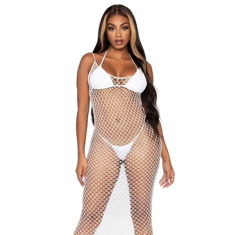 LEG AVENUE - WOVEN TWIST NET MAXI DRESS ONE SIZE WHITE