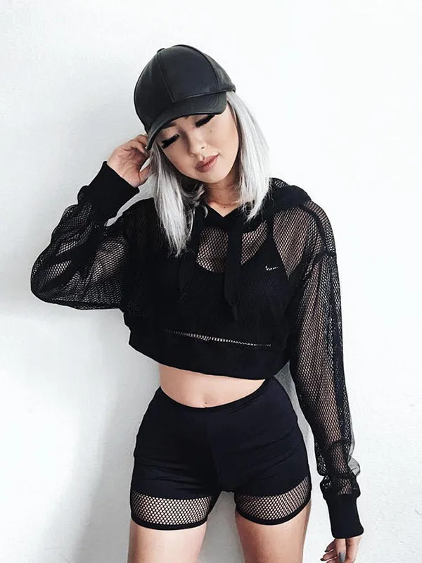 Leisure Long sleeve Hooded Perspective Top