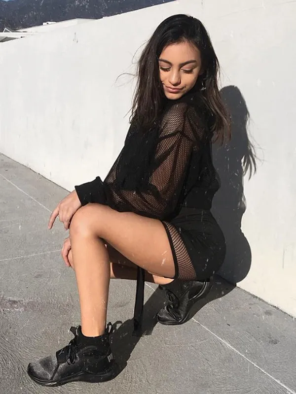 Leisure Long sleeve Hooded Perspective Top