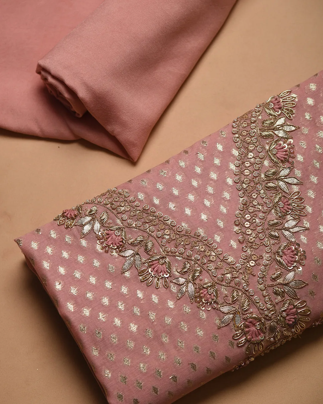 Light Pink Chanderi Woven With Hand Embroidered Unstitched Suit Fabric Set With Chanderi Woven Dupatta
