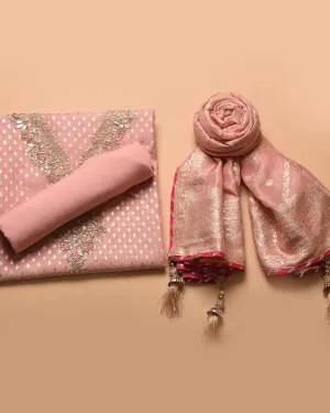 Light Pink Chanderi Woven With Hand Embroidered Unstitched Suit Fabric Set With Chanderi Woven Dupatta