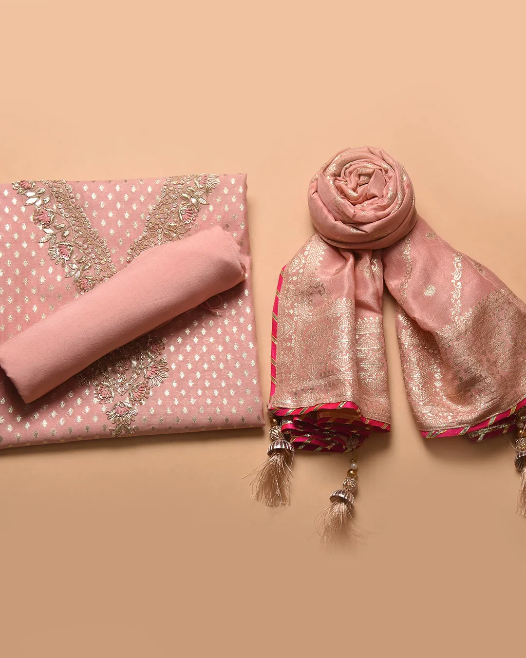 Light Pink Chanderi Woven With Hand Embroidered Unstitched Suit Fabric Set With Chanderi Woven Dupatta