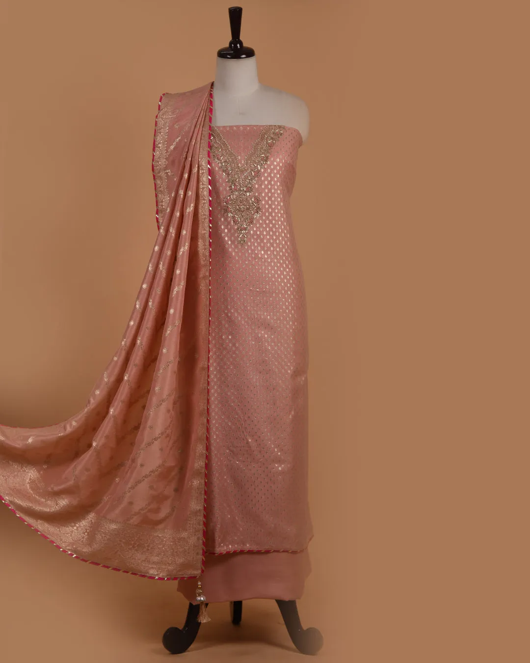 Light Pink Chanderi Woven With Hand Embroidered Unstitched Suit Fabric Set With Chanderi Woven Dupatta