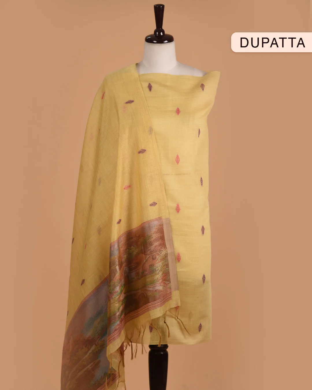 Light Yellow Chanderi Blend Jamdani Woven Unstitched Suit Fabric Set With Chanderi Blend Woven Dupatta
