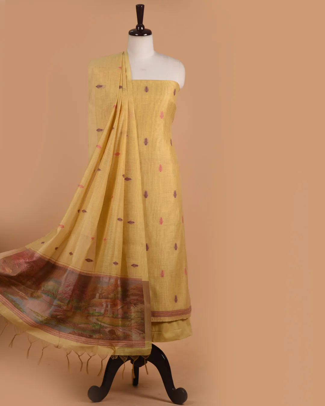 Light Yellow Chanderi Blend Jamdani Woven Unstitched Suit Fabric Set With Chanderi Blend Woven Dupatta