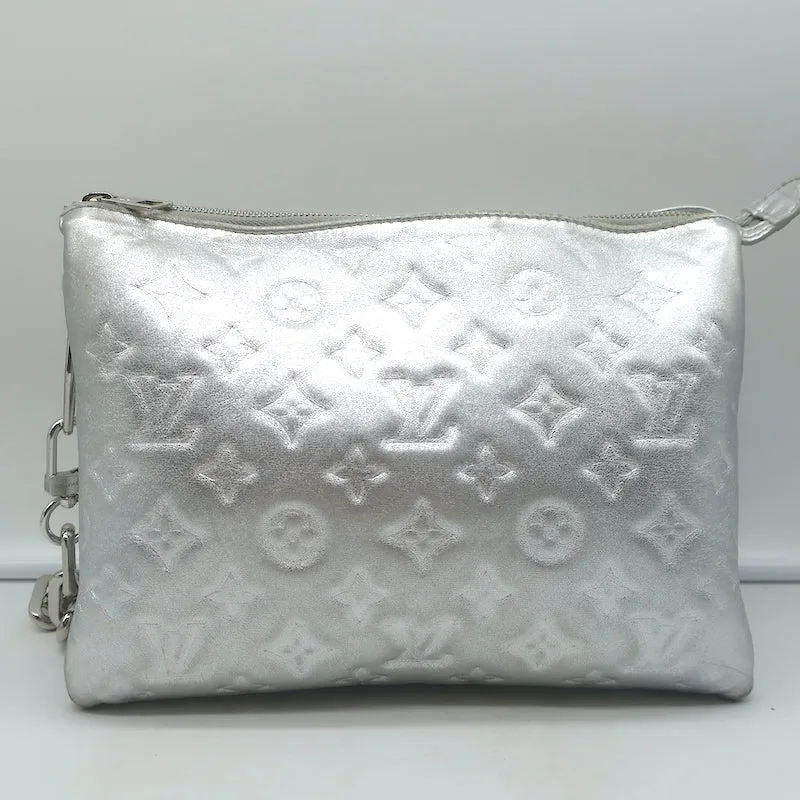 Louis Vuitton Coussin PM Shoulder Bag Silver Monogram Embossed Leather Crossbody