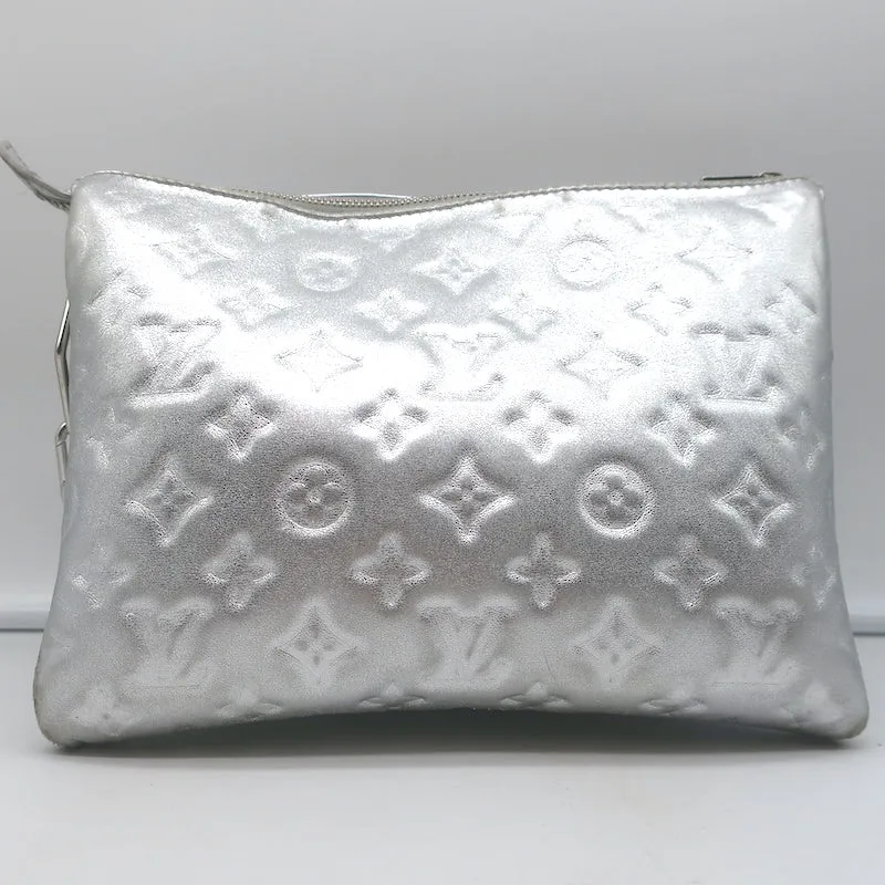 Louis Vuitton Coussin PM Shoulder Bag Silver Monogram Embossed Leather Crossbody