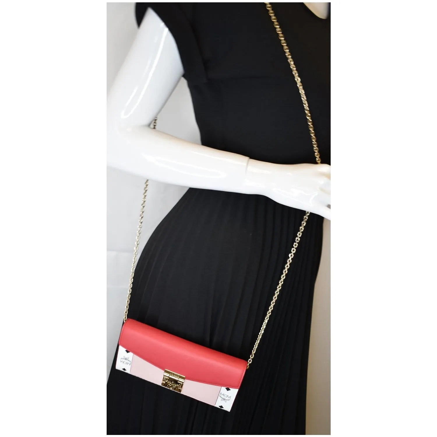 MCM Patricia Block Visetos Leather Crossbody Wallet Red