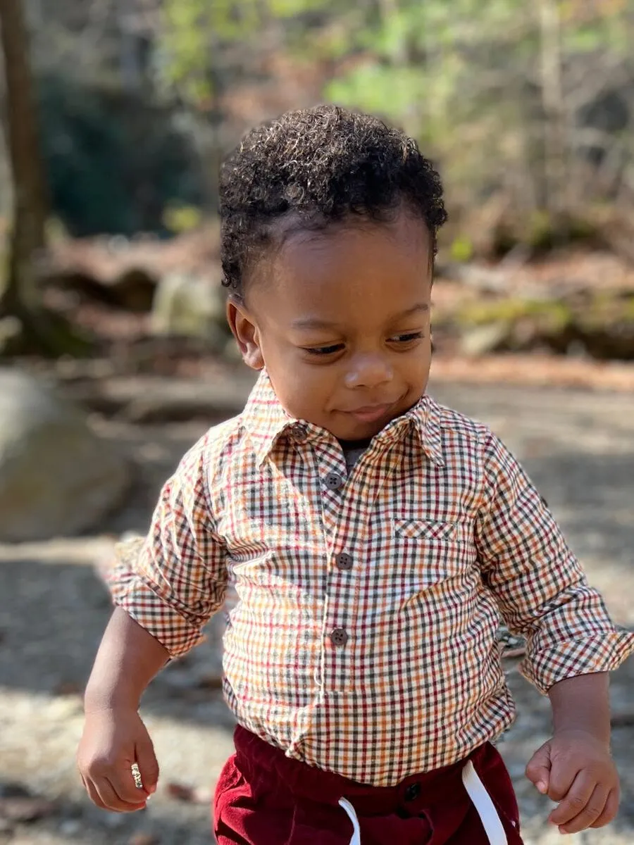 Me & Henry Jasper Woven Onesie - Navy / Gold Plaid