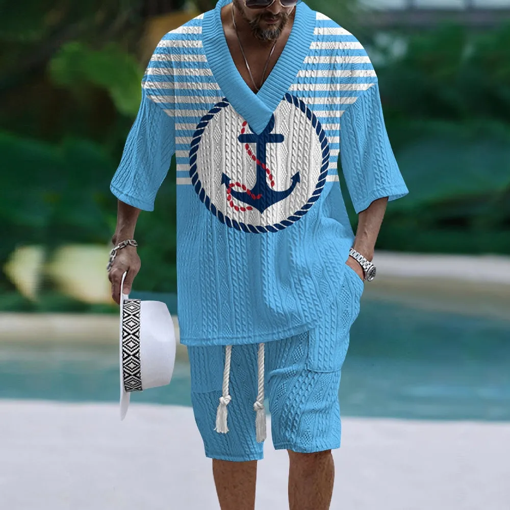 Men's V-Neck Luxurious Color Block Textured Exclusive Anchor Print Shorts Set 2405002150
