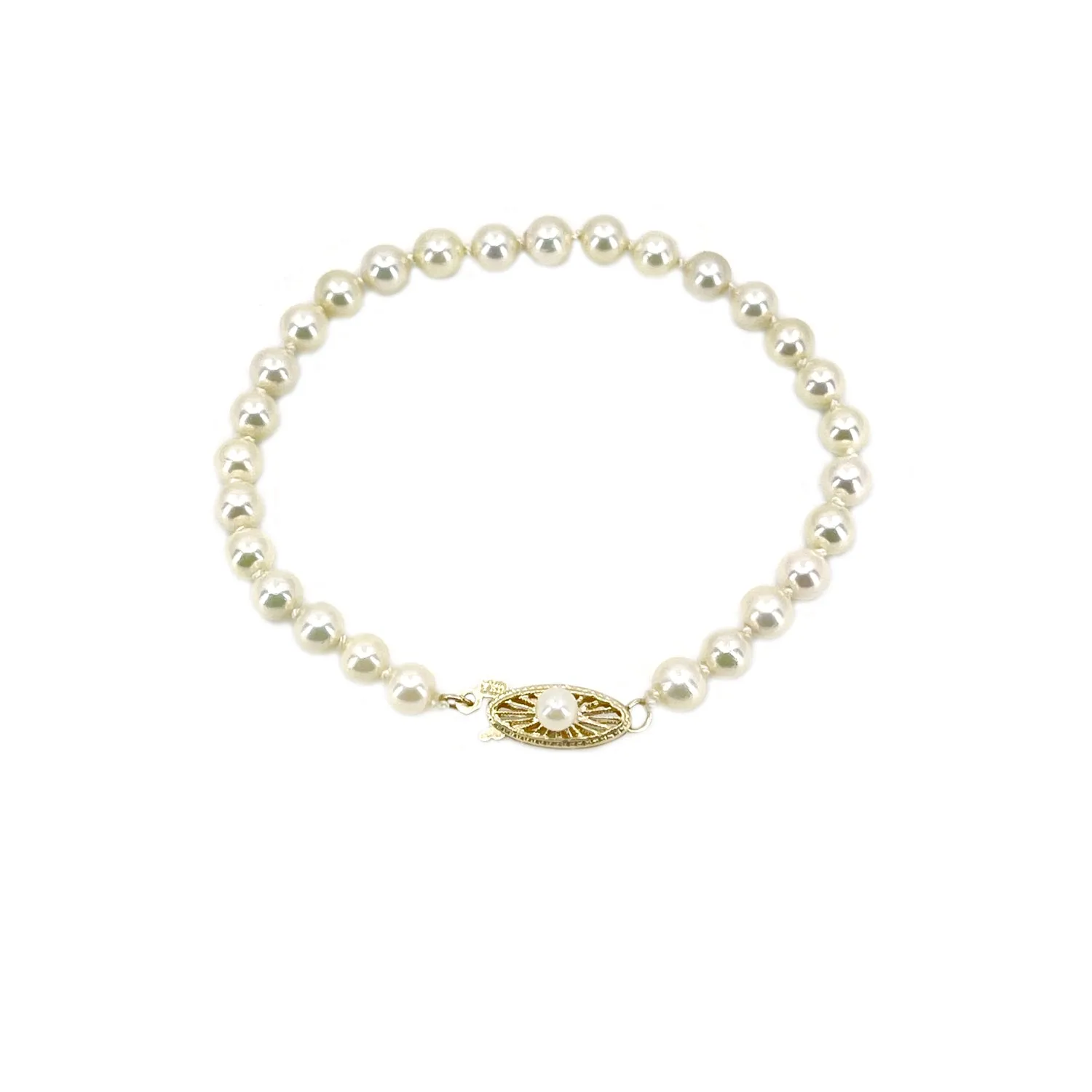 Mid Century Filigree Petite Japanese Saltwater Akoya Cultured Pearl Bracelet- 14K Yellow Gold