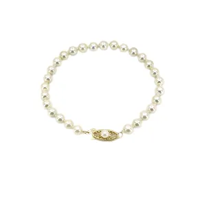 Mid Century Filigree Petite Japanese Saltwater Akoya Cultured Pearl Bracelet- 14K Yellow Gold