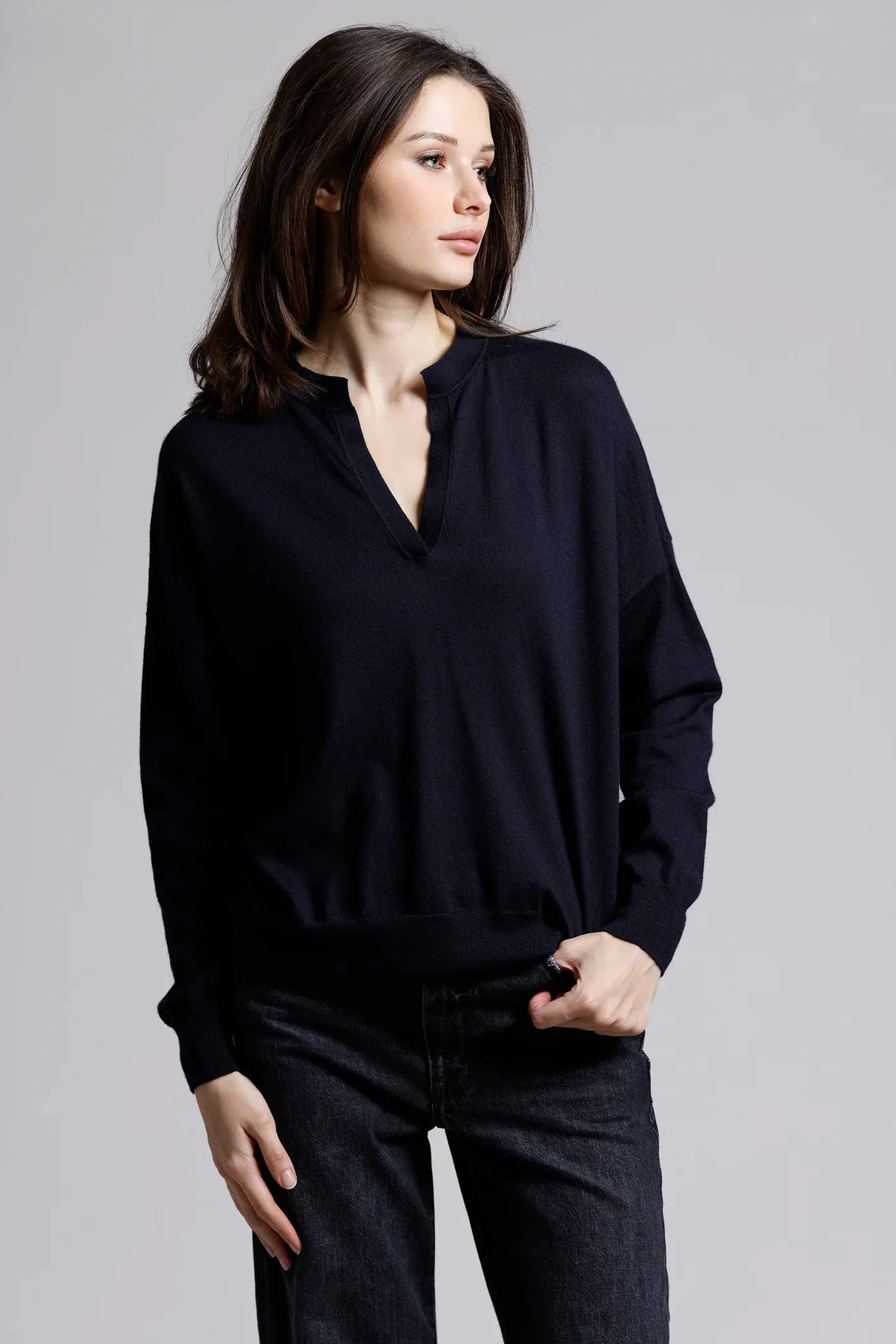 Minnie Rose Split Neck Relaxed Top