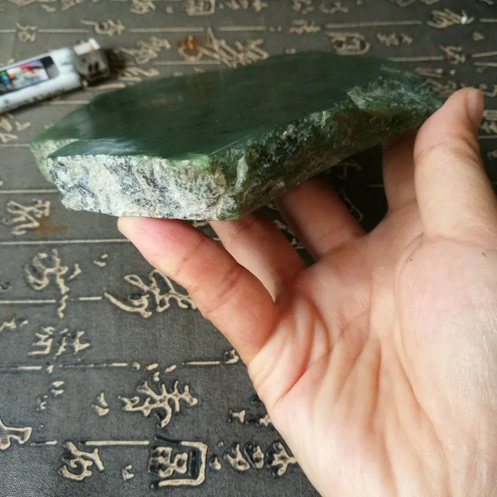 Natural Kunlun Jade Rough Nephrite Raw (734g, 14X12X1.5cm)