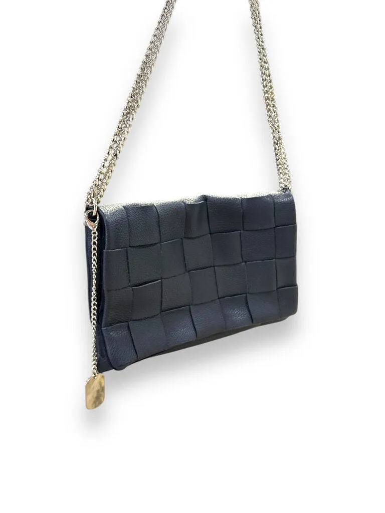 navy woven leather chain bag