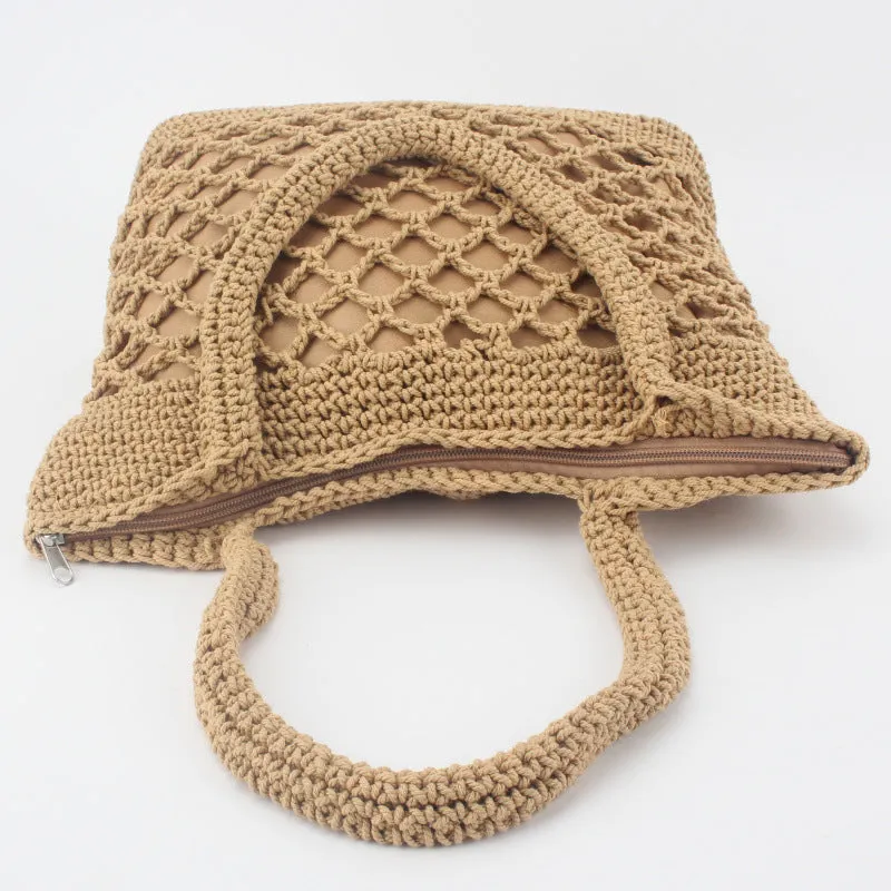 New Crochet Beach Handbag for Girls Summer Straw Rope Hollow Out Hand Woven Totes Bag Women Hollow Knitting Handbag