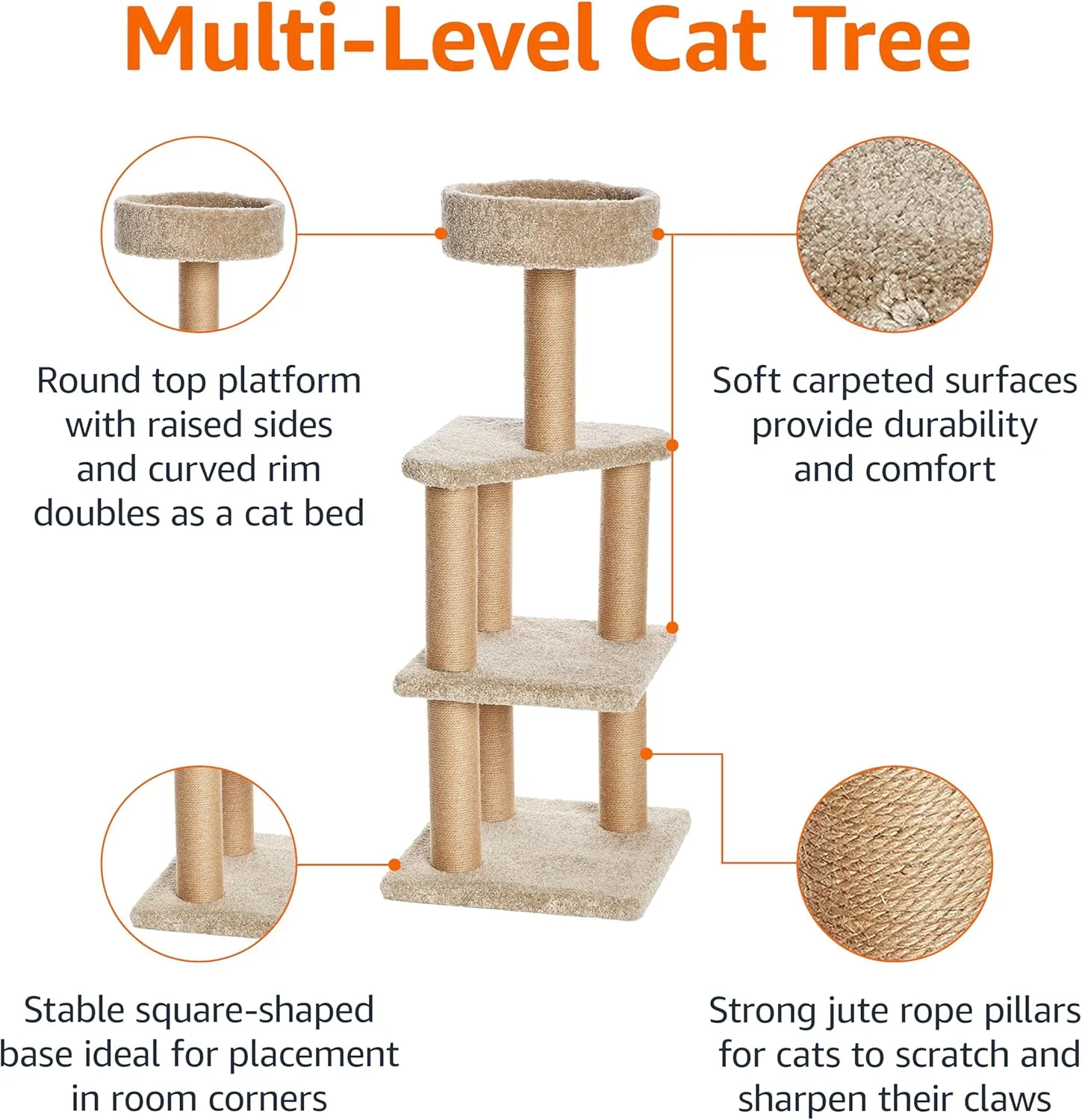 New in box! Amazon Basics Large Cat Condo Tree Tower with Scratching Post - 18 x 18 x 46 Inches, Beige, L