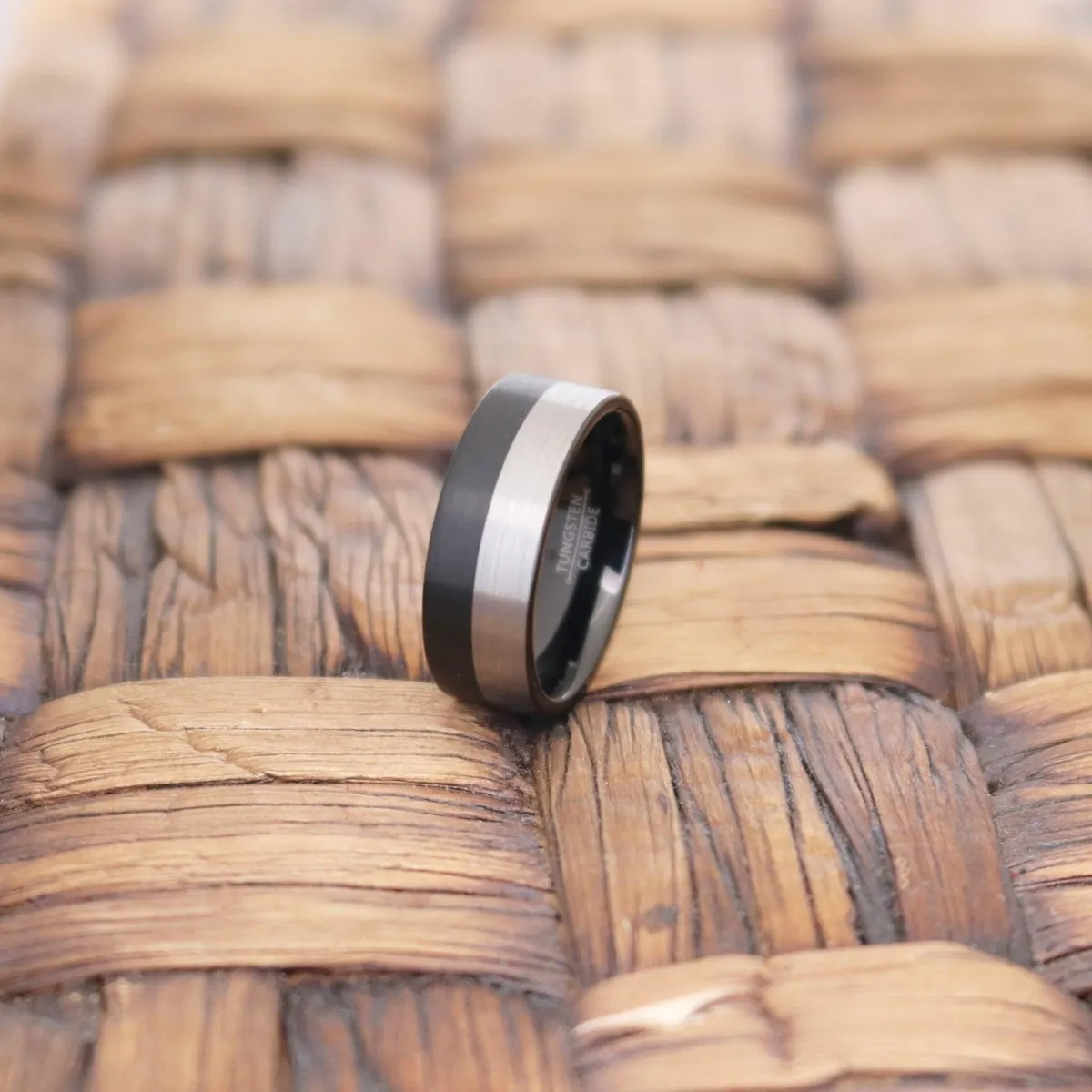 NIGHTHAWK | Black Tungsten Ring, Silver & Black Two-Tone Brushed, Flat
