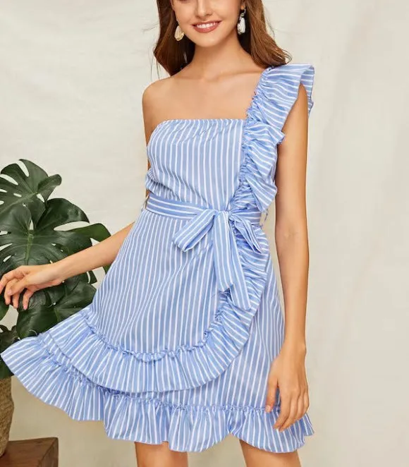 Off-the-shoulder Stitching Ruffled Hip Belt Dress