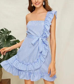 Off-the-shoulder Stitching Ruffled Hip Belt Dress