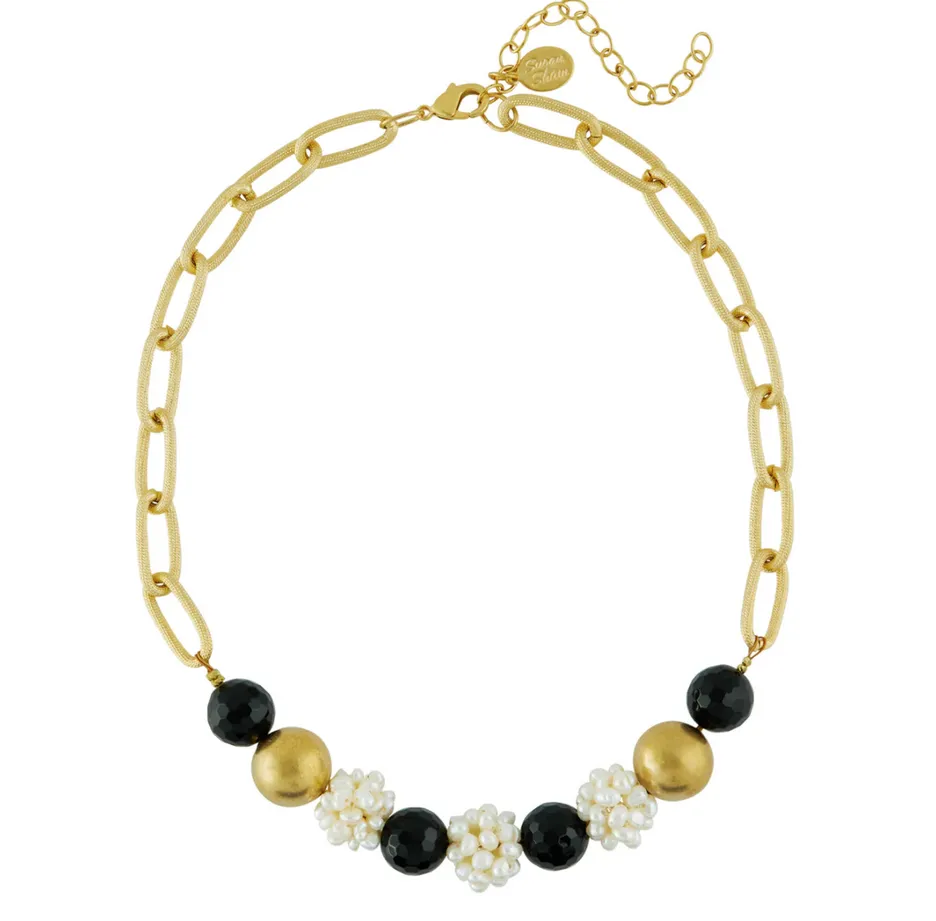 Onyx   Pearl Cluster Chain Necklace