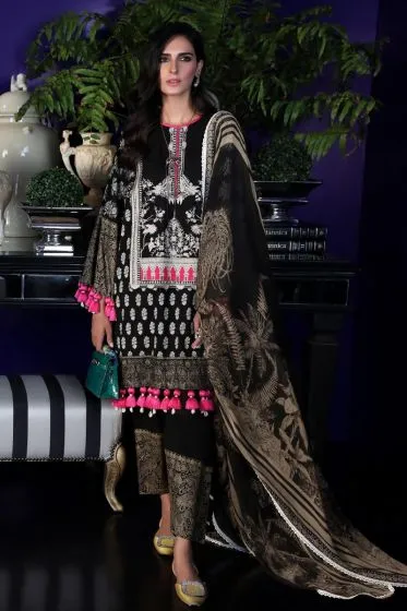 Pakistani designer dobby woven dress for casual wear in black color # P2391
